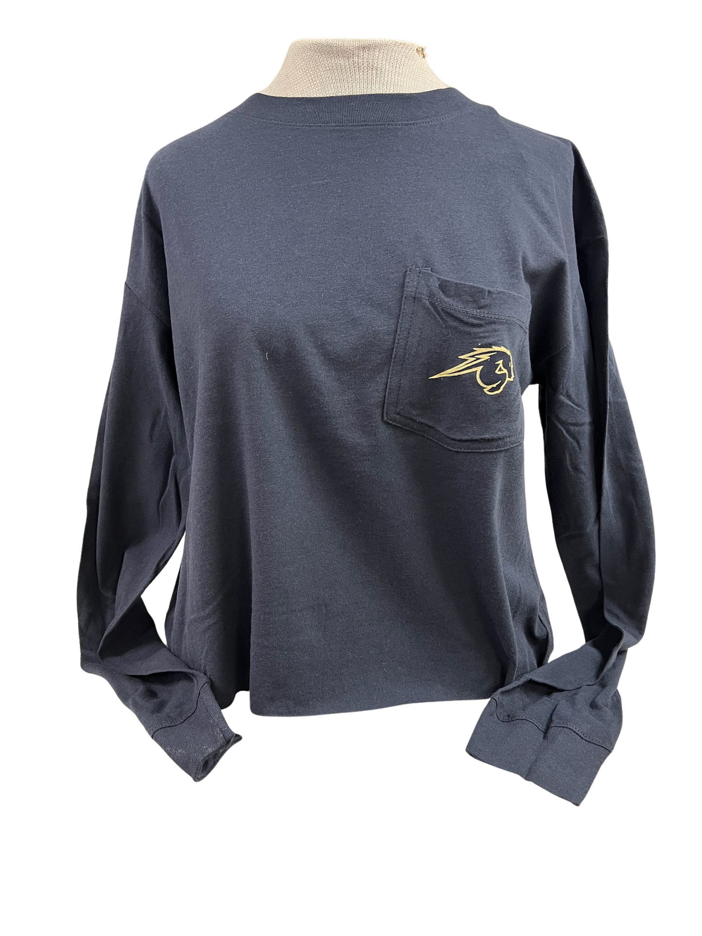 Women's Long Sleeve Pocket Tee, Navy with horse on pocket