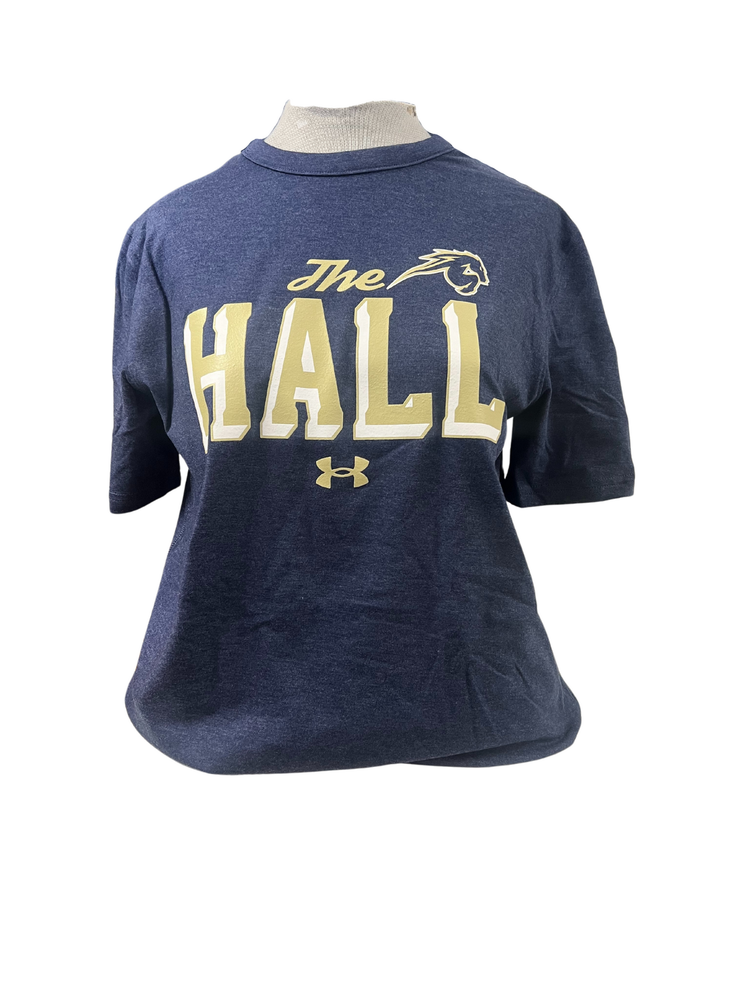 Women's T-shirt, navy, "The" script HALL with shadow gold