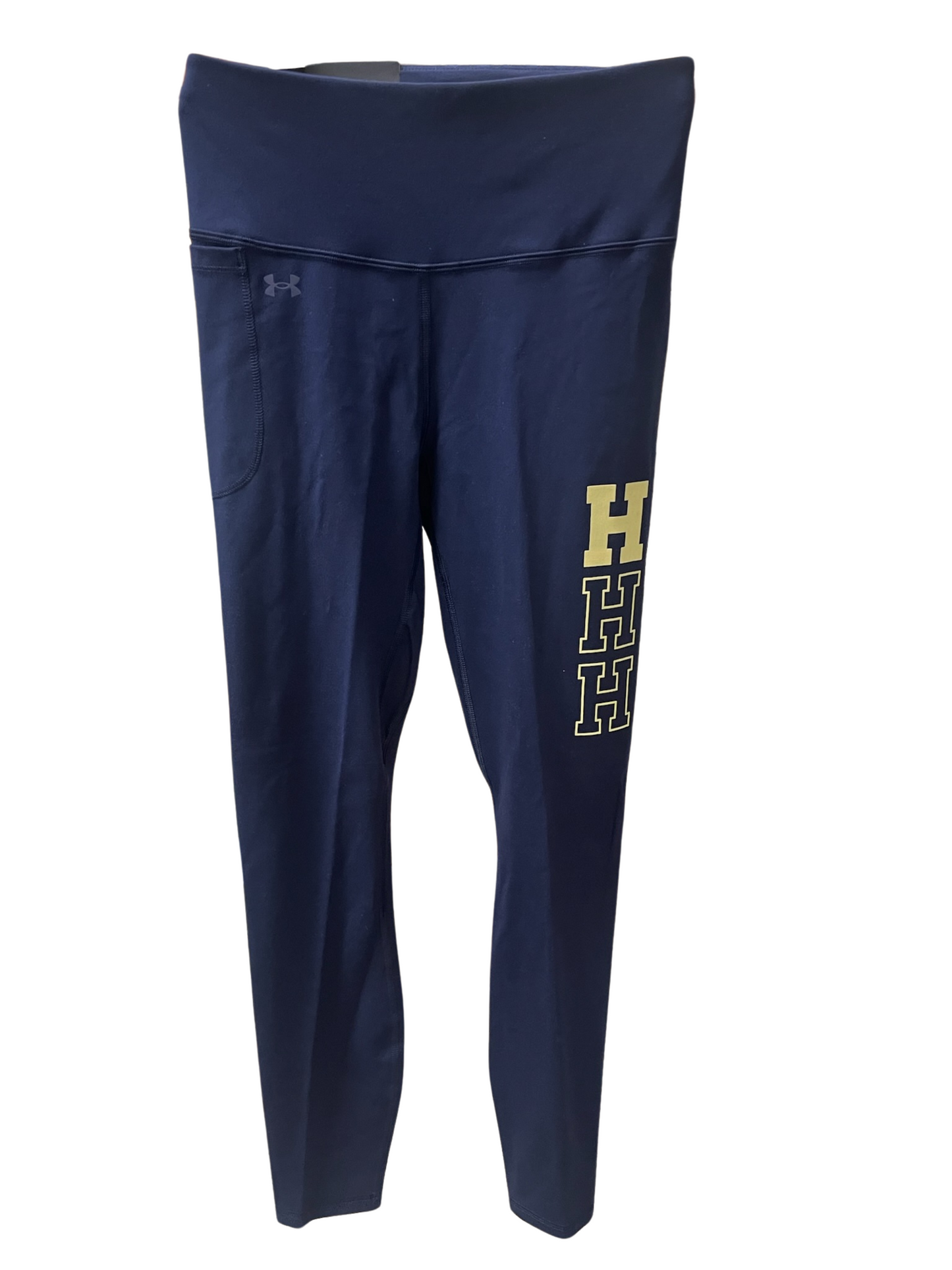 Women's UA leggings, navy, vertical gold HHH