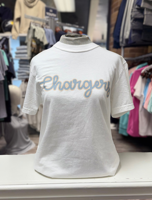 Women's T-Shirt, white, pale blue script Chargers