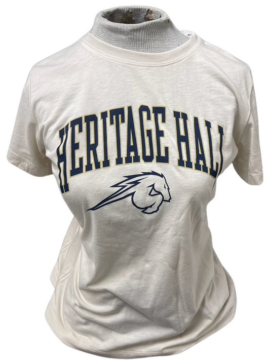 *Women's crewneck t-shirt, heather grey, Heritage Hall over horse