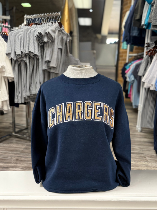 Women's navy sweatshirt, gold glitter Chargers