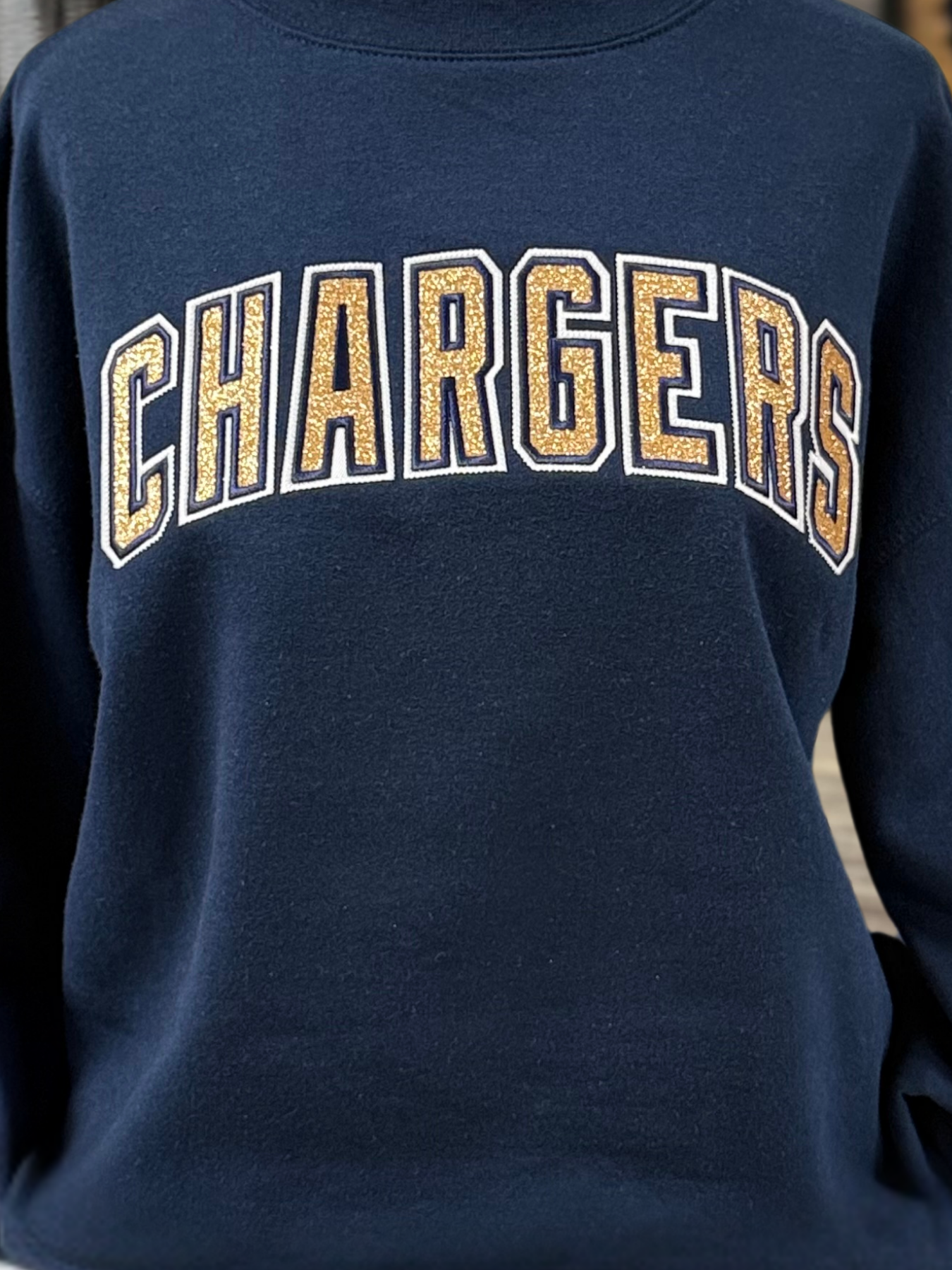 Women's navy sweatshirt, gold glitter Chargers