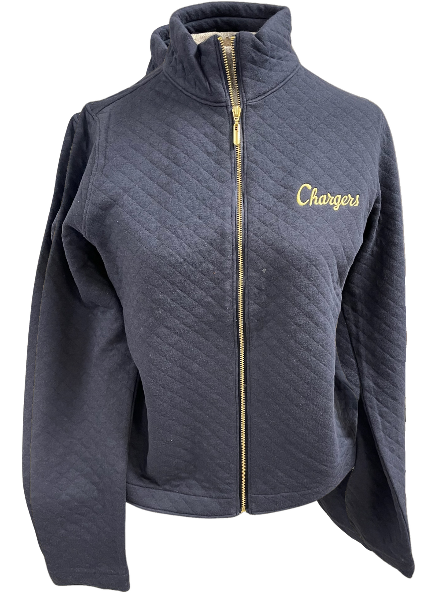 Women's quilted zip up jacket, navy, gold sccript Chargers