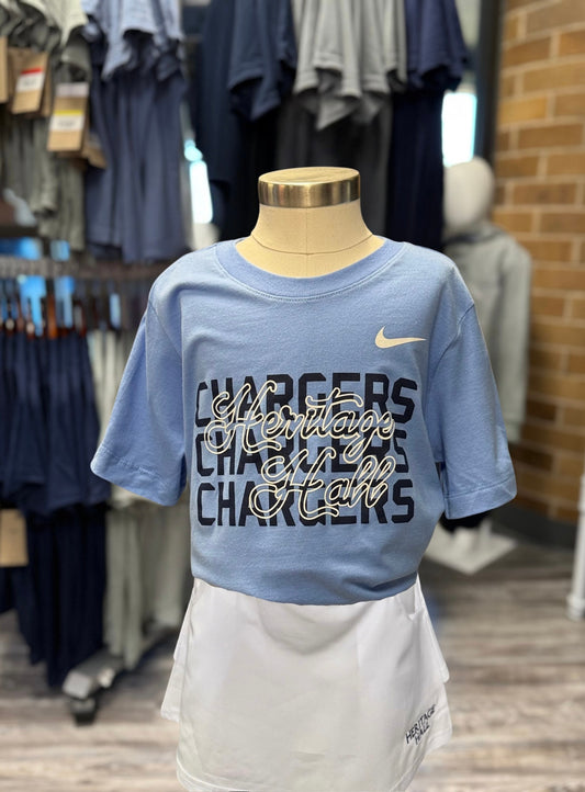 Youth Nike Cotton T-Shirt, blue, script Heritage Hall over Chargers