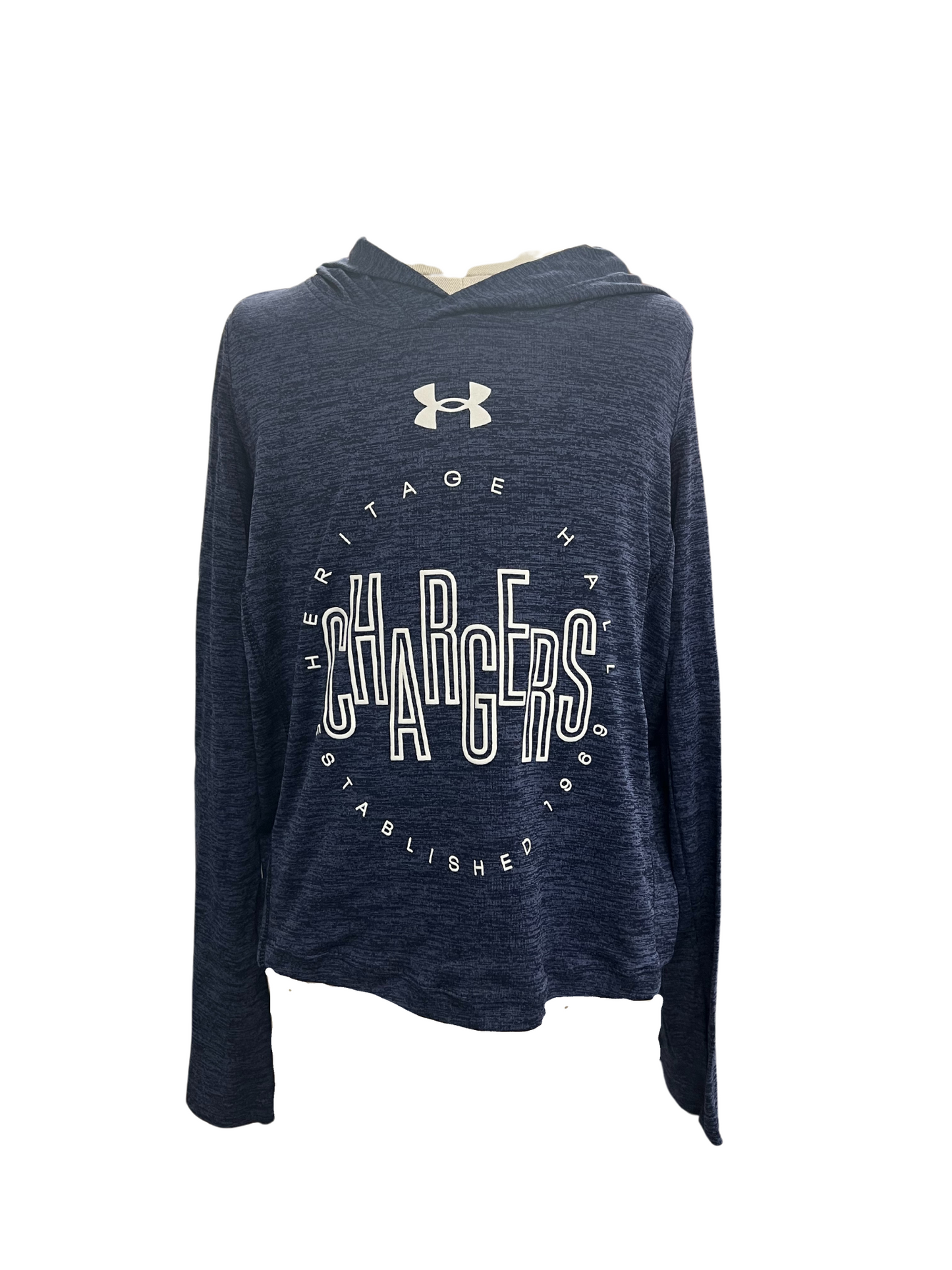 Youth UA long sleeve hoodie, navy, CHARGERS up down