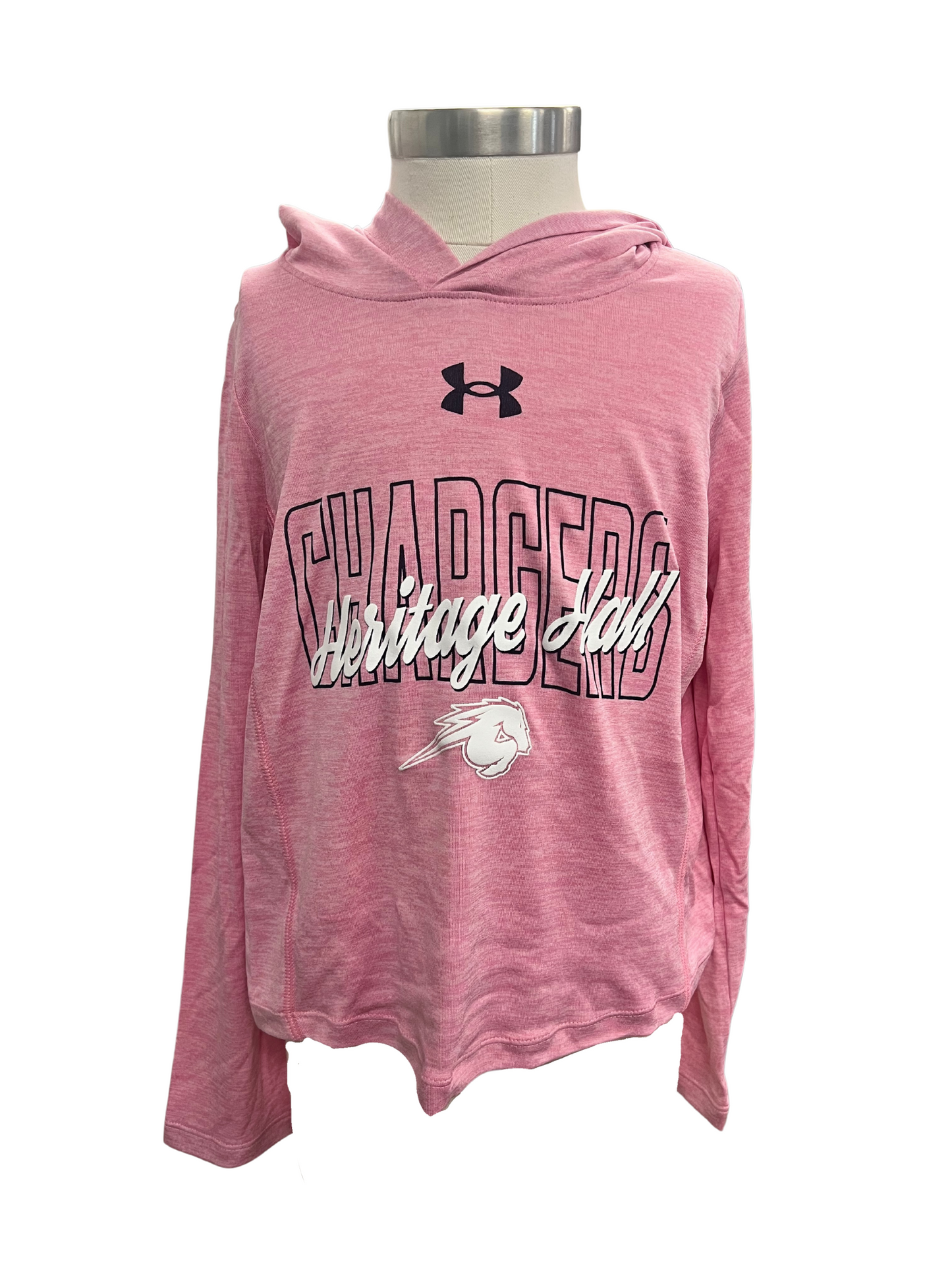 Youth UA long sleeve hoodie, pink, CHARGERS, Her Hall script