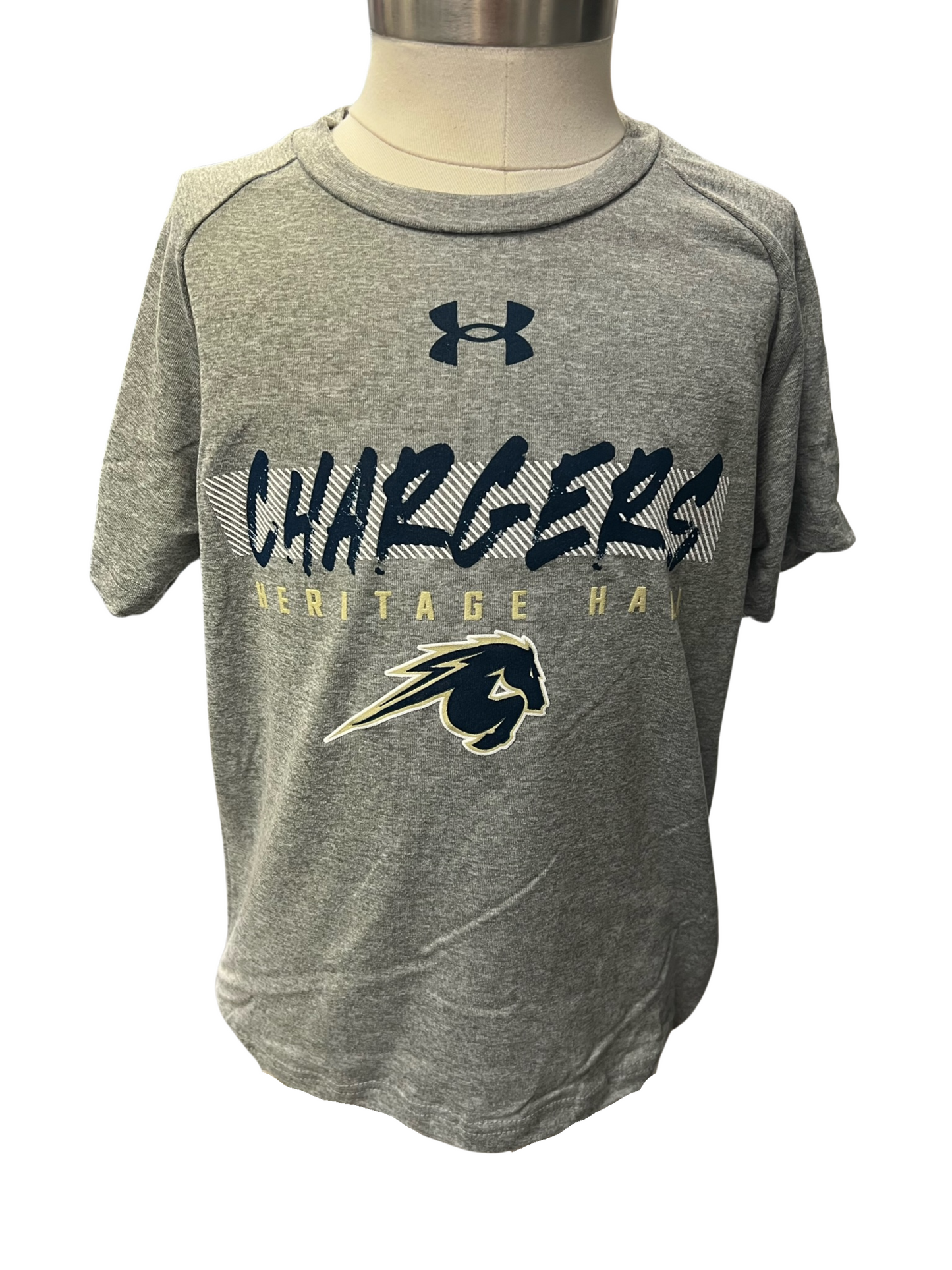 Youth UA t-shirt, grey, navy chalk CHARGERS over white stripe