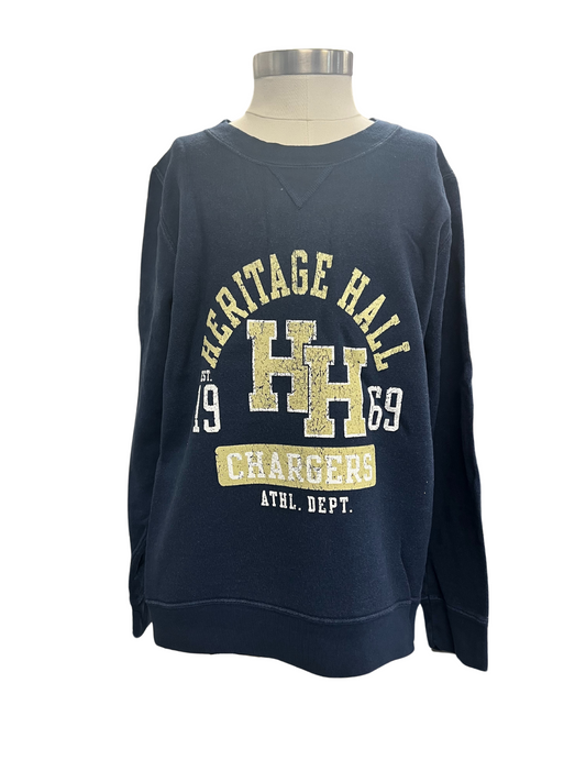 Youth sweatshirt, navy, crackle gold curved HER HALL, HH center