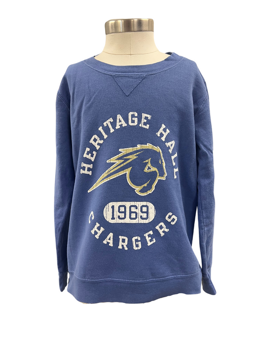 Youth sweatshirt, soft navy, HER HALL CHAR circle, horse in center