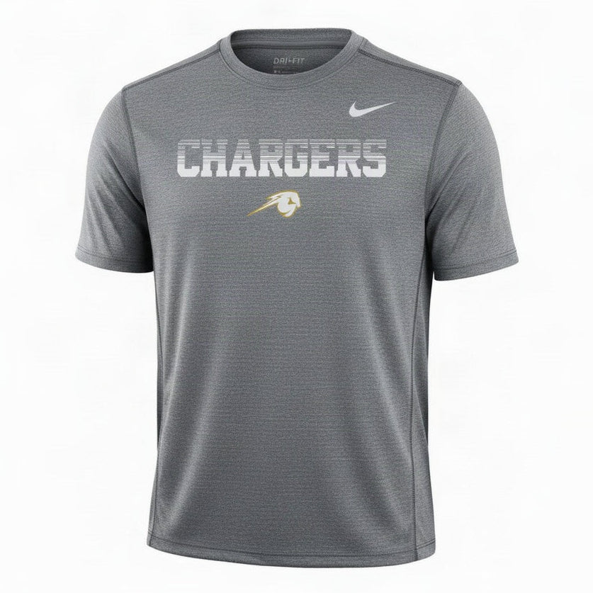 Charger Corner men's grey Nike Legend Dri-FIT t-shirt featuring a white Chargers gradient logo and horse graphic.