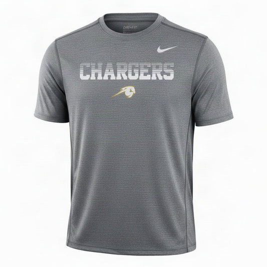 Charger Corner men's grey Nike Legend Dri-FIT t-shirt featuring a white Chargers gradient logo and horse graphic.