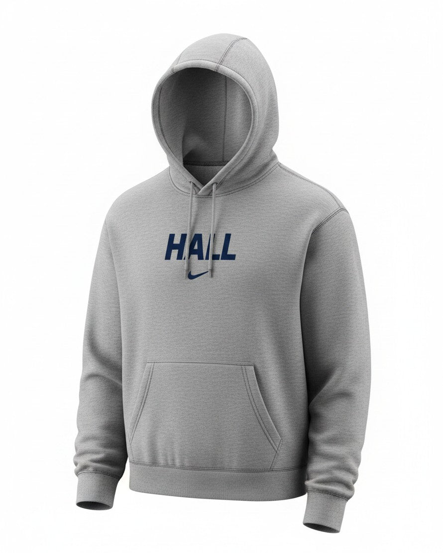 Charger Corner grey Nike Club fleece hoodie featuring HALL text and a small navy Swoosh logo on the chest.