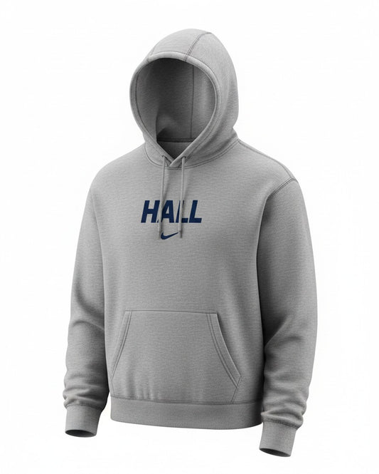 Charger Corner grey Nike Club fleece hoodie featuring HALL text and a small navy Swoosh logo on the chest.