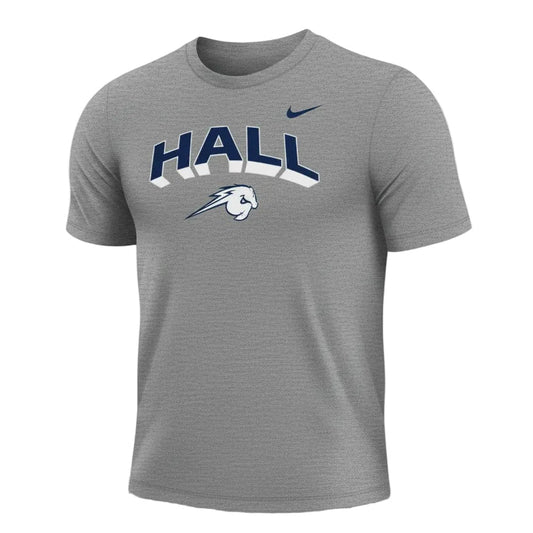 Charger Corner grey Nike Legend t-shirt featuring navy blue HALL block letters and a horse mascot logo