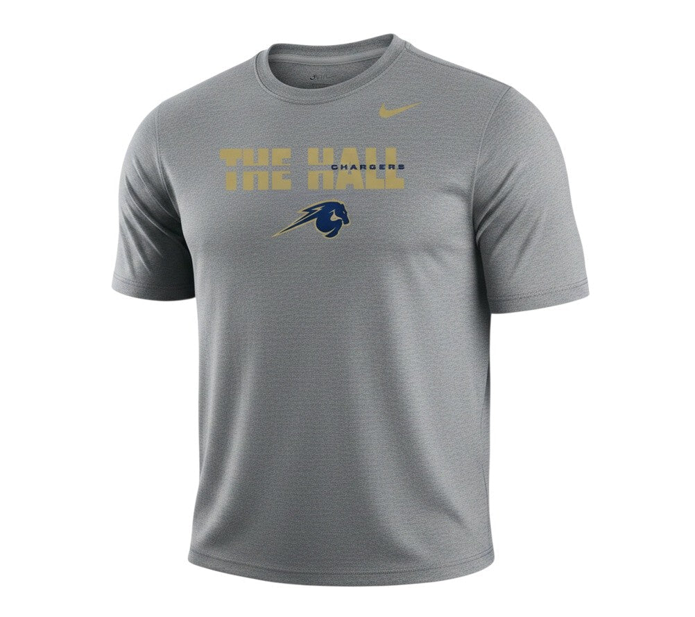 Charger Corner men's grey Nike Legend t-shirt featuring THE HALL Chargers logo in gold and navy blue
