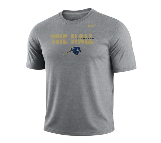 Charger Corner men's grey Nike Legend t-shirt featuring THE HALL Chargers logo in gold and navy blue
