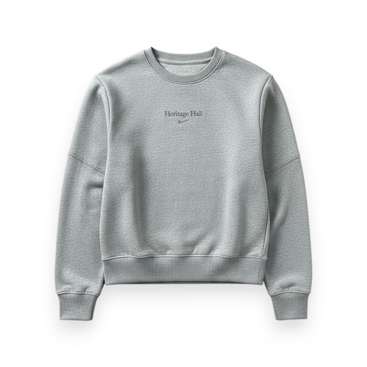 Charger Corner women's grey Nike sweatshirt featuring Heritage Hall text and a small swoosh logo on the chest.