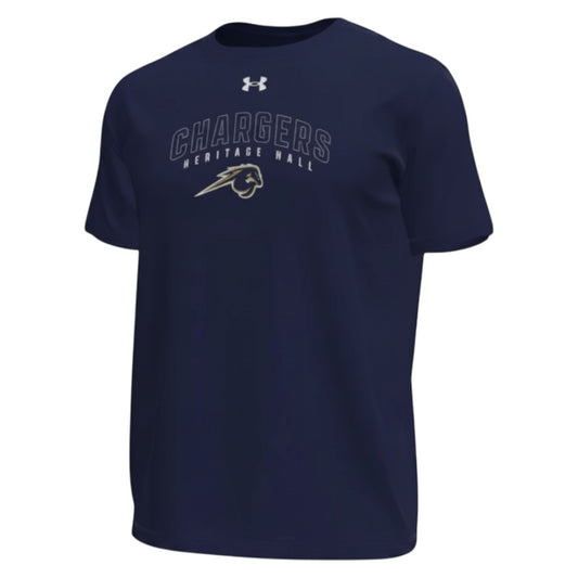 Charger Corner men's midnight blue UA tech t-shirt featuring Chargers Heritage Hall horse logo and Under Armour branding