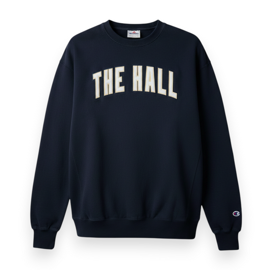 Charger Corner navy Champion sweatshirt featuring The Hall in white and gold lettering on the chest