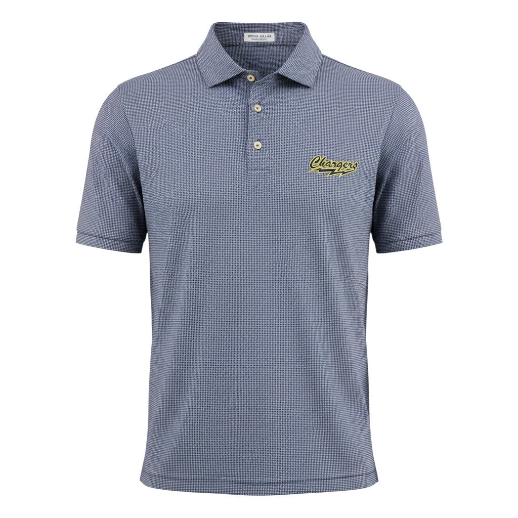 Charger Corner navy blue Peter Millar performance jersey polo with embroidered Chargers lightning bolt logo