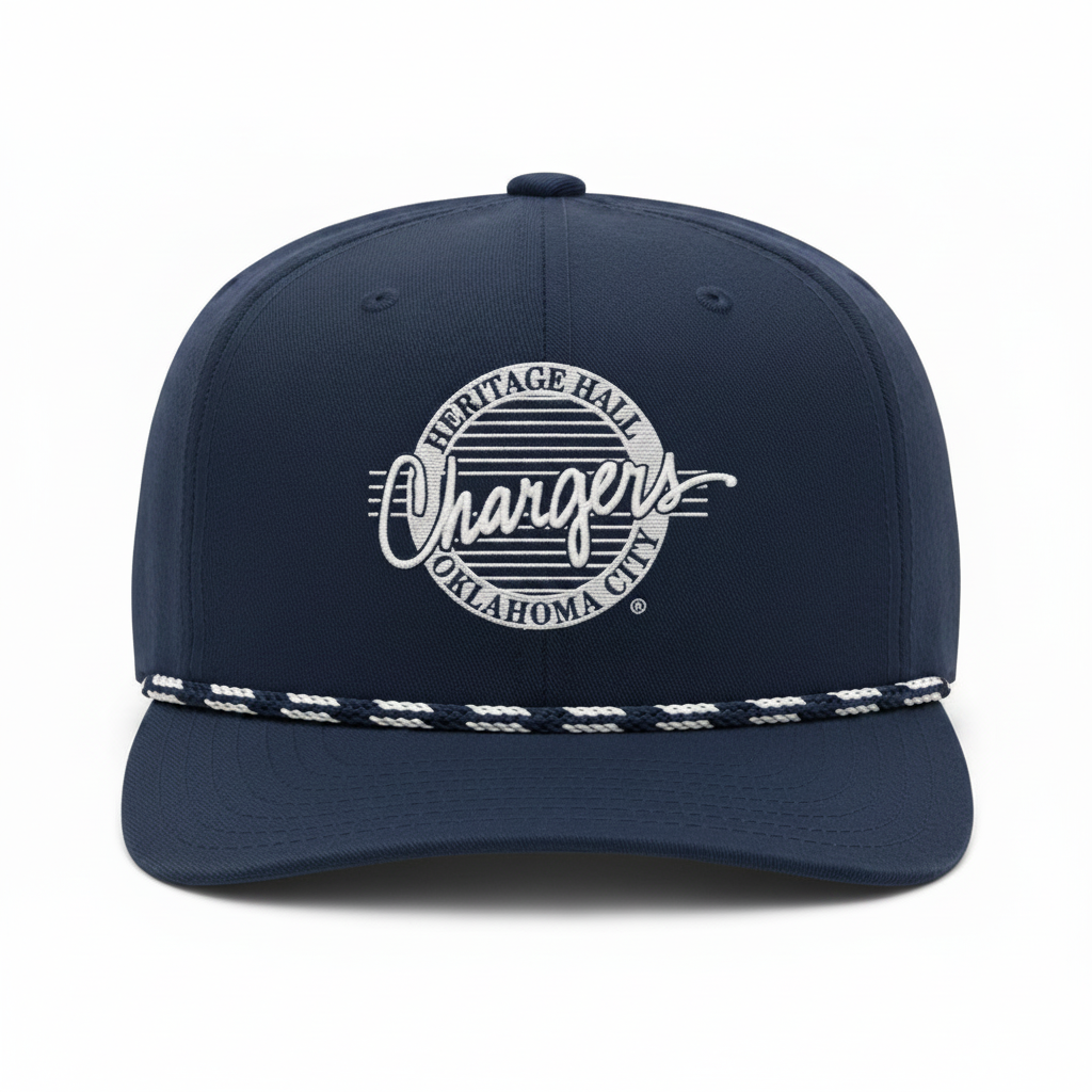 Charger Corner navy blue baseball hat with a white circular Heritage Hall Chargers Oklahoma City embroidered patch