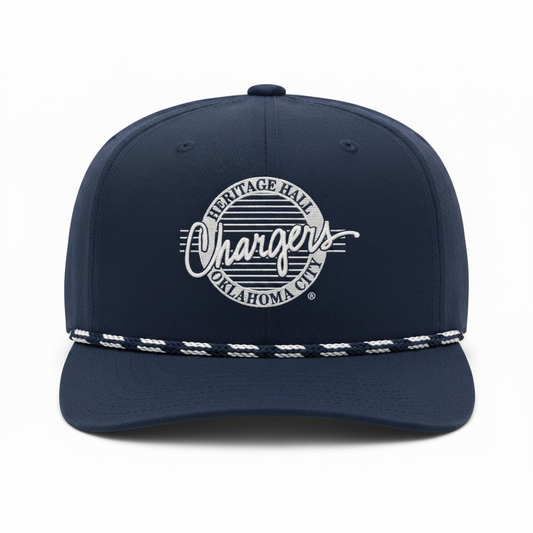 Charger Corner navy blue baseball hat with a white circular Heritage Hall Chargers Oklahoma City embroidered patch