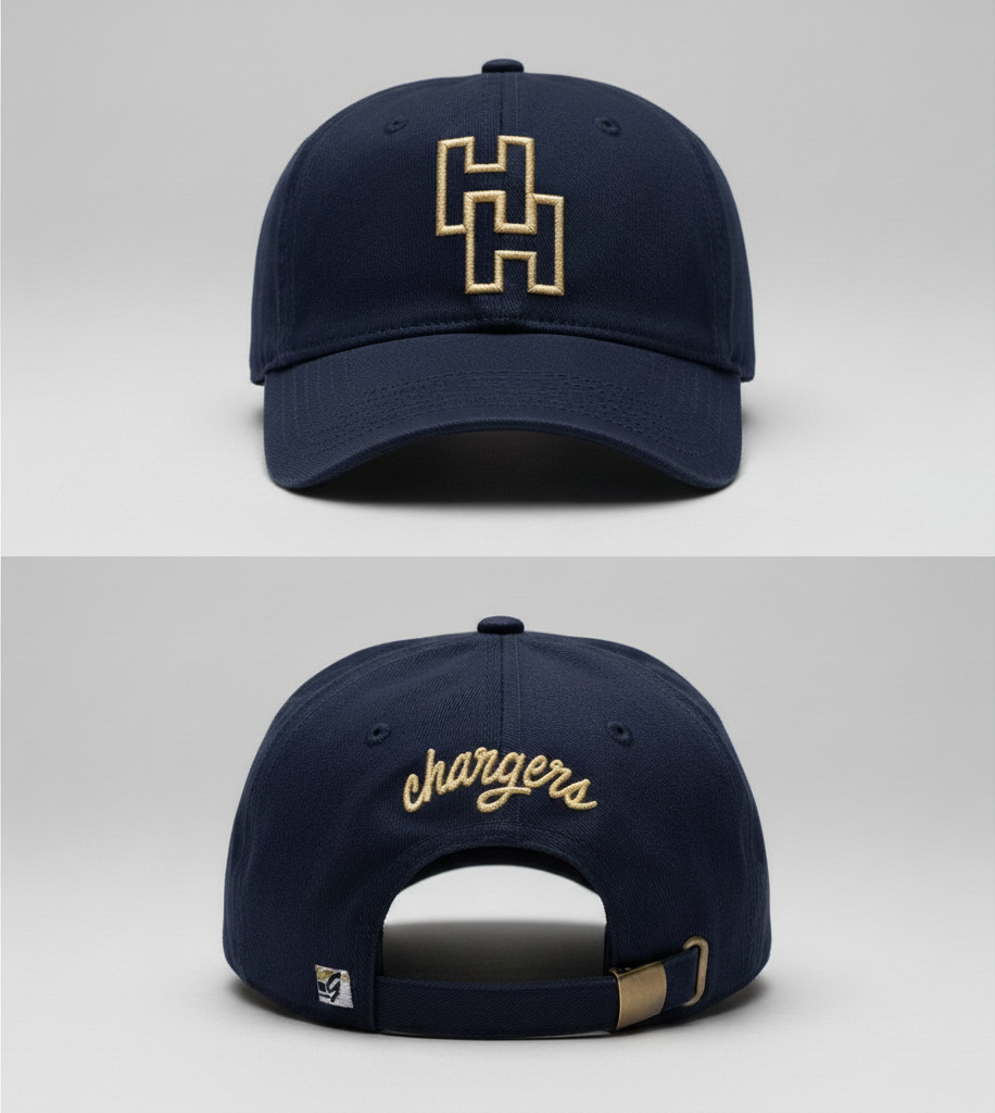 Charger Corner ladies navy baseball hat featuring a gold stacked H outline logo and gold chargers script on the back