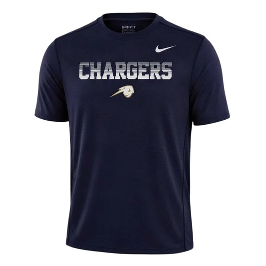 Charger Corner men's navy blue Nike Legend Dri-FIT t-shirt with white Chargers gradient text and horse logo