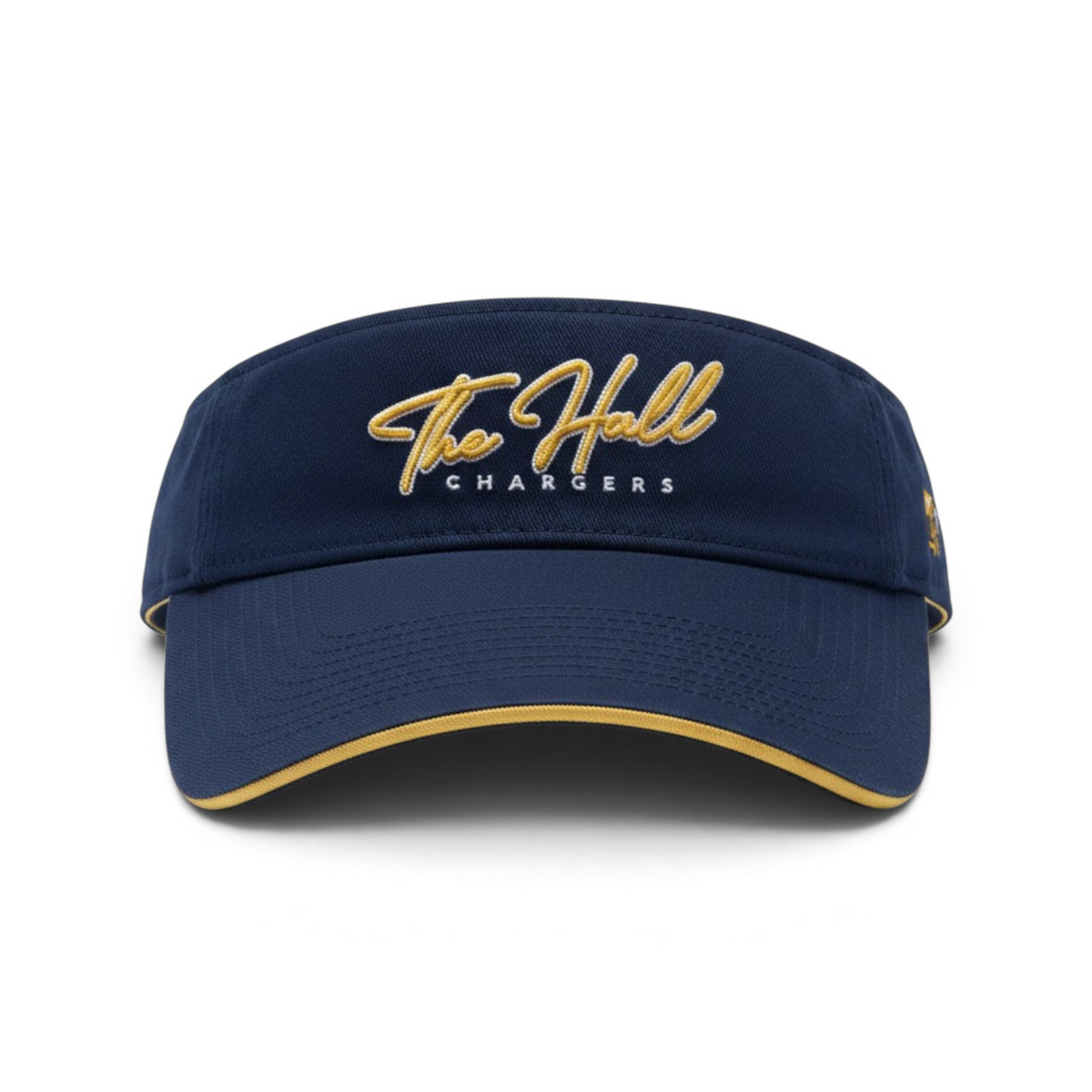 Charger Corner navy blue visor with The Hall script embroidery in Vegas Gold and a Velcro backstrap