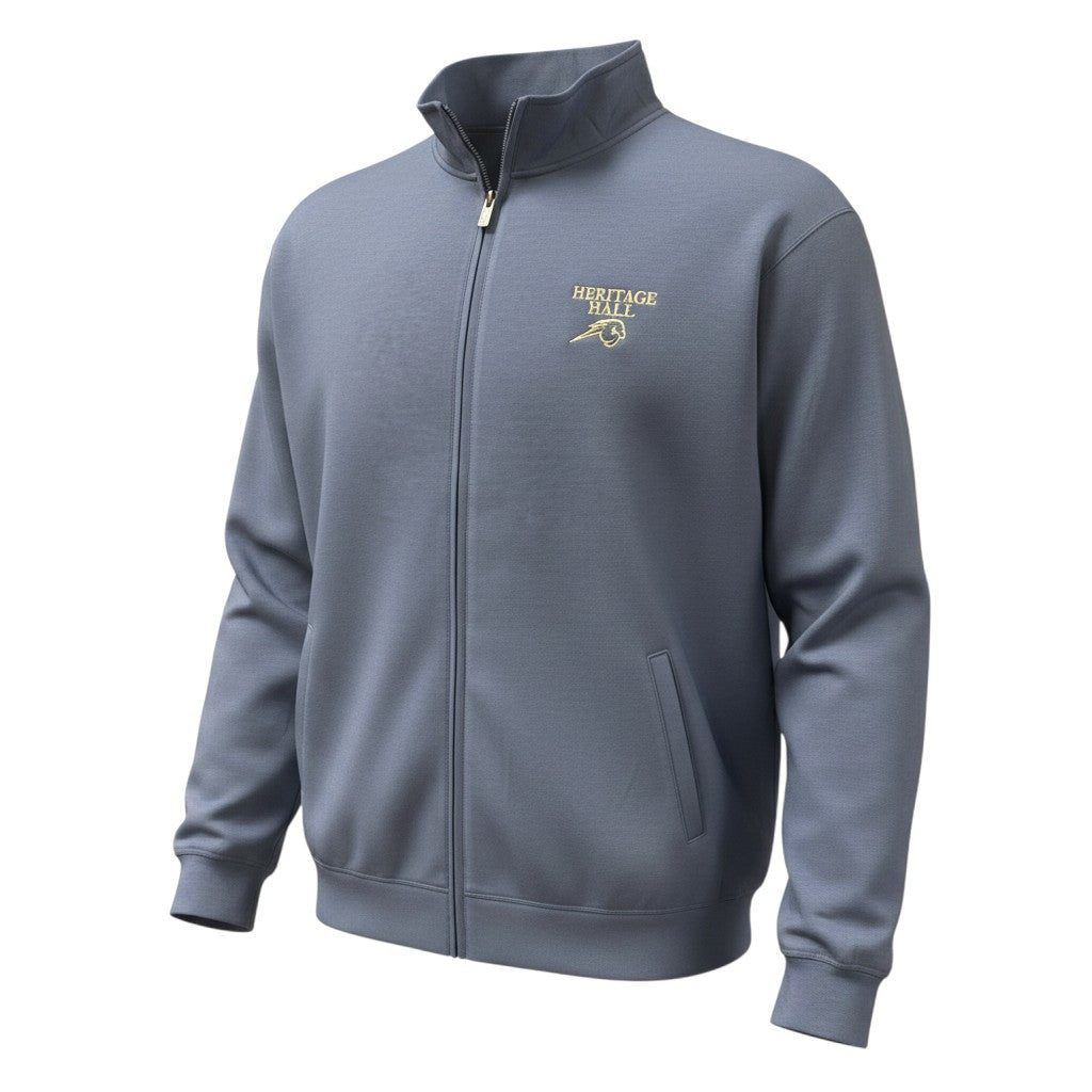 Charger Corner men's navy blue zip-up jacket featuring gold Heritage Hall embroidery on the chest