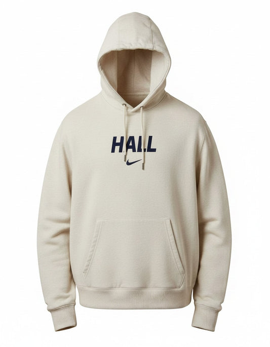 Charger Corner men's Nike Club fleece hoodie in sail ivory with navy HALL text and Swoosh logo on the chest