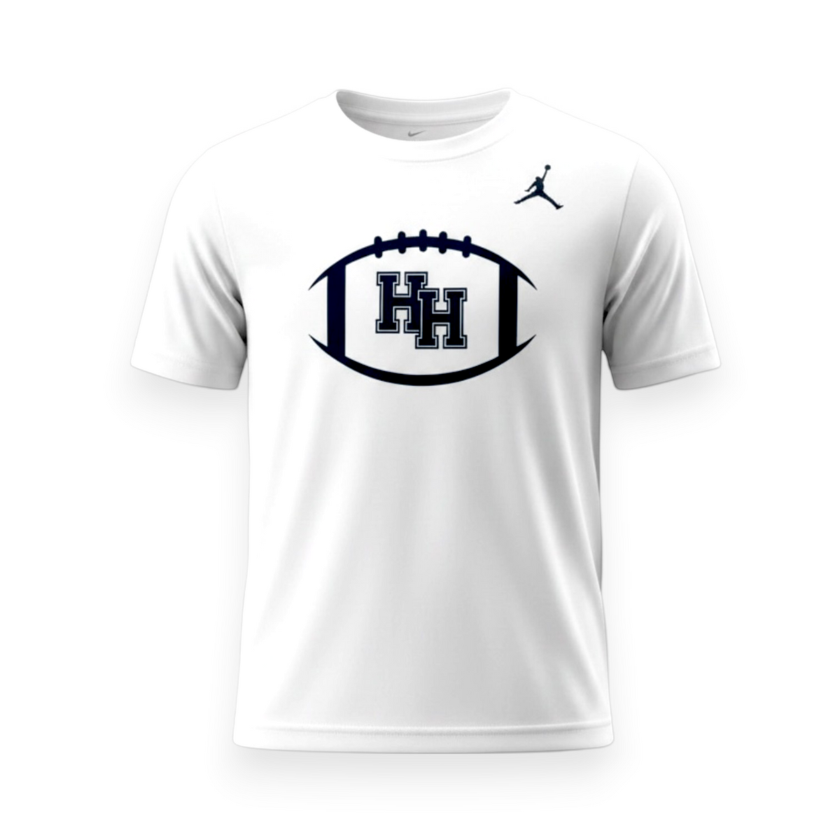 Charger Corner youth white Nike Jumpman t-shirt featuring a navy HH football graphic on the chest.