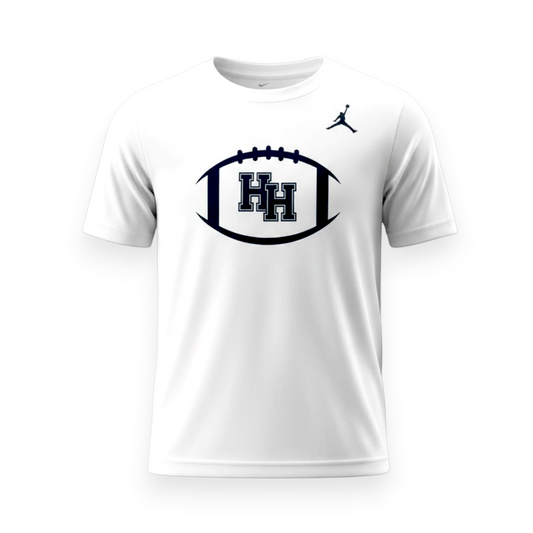 Charger Corner youth white Nike Jumpman t-shirt featuring a navy HH football graphic on the chest.