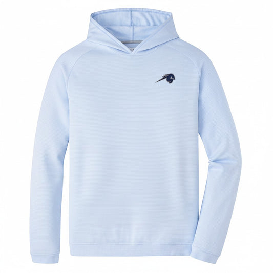 Charger Corner Peter Millar cottage blue performance hoodie with a horse logo on the chest and micro-waffle texture.