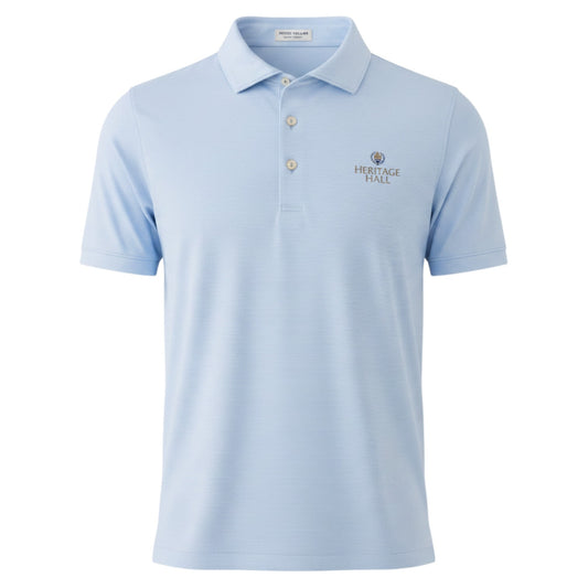 Charger Corner Peter Millar collegiate polo in cottage blue stripe with Heritage Hall logo and three-button placket.