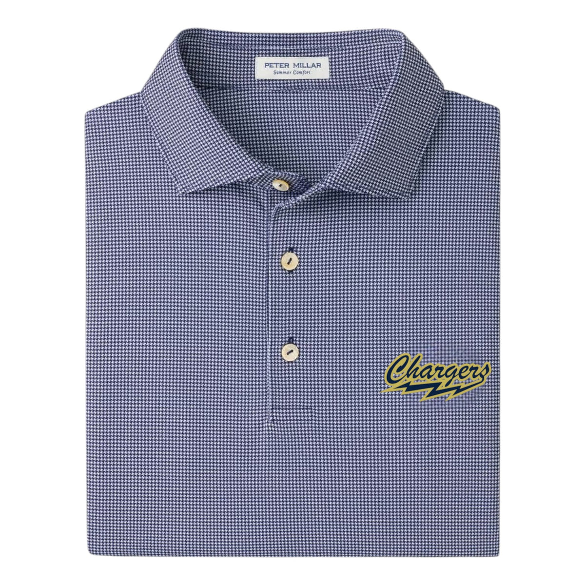 Charger Corner Peter Millar navy performance polo with yellow M logo, featuring moisture-wicking jersey fabric.