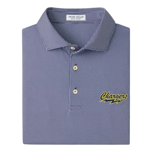 Charger Corner Peter Millar navy performance polo with yellow M logo, featuring moisture-wicking jersey fabric.