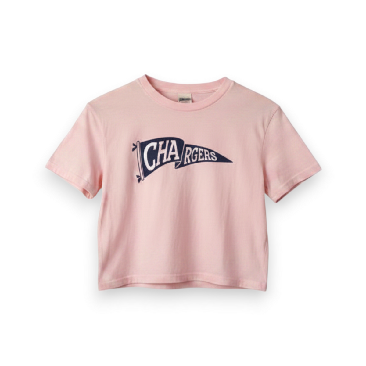 Charger Corner youth pink cropped t-shirt featuring a navy blue Chargers pennant graphic on the front