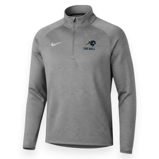 Charger Corner men's smoke grey Dri-Fit Stride 1/2 zip pullover featuring The Hall logo and Nike swoosh