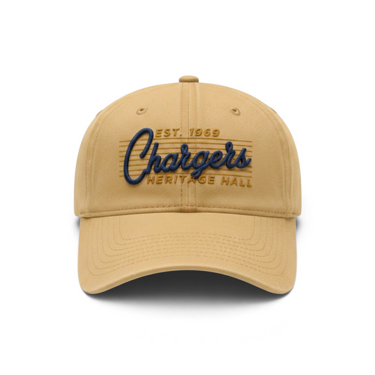 Charger Corner ladies sunglow garment washed twill hat with navy 3D embroidered Chargers Heritage Hall logo