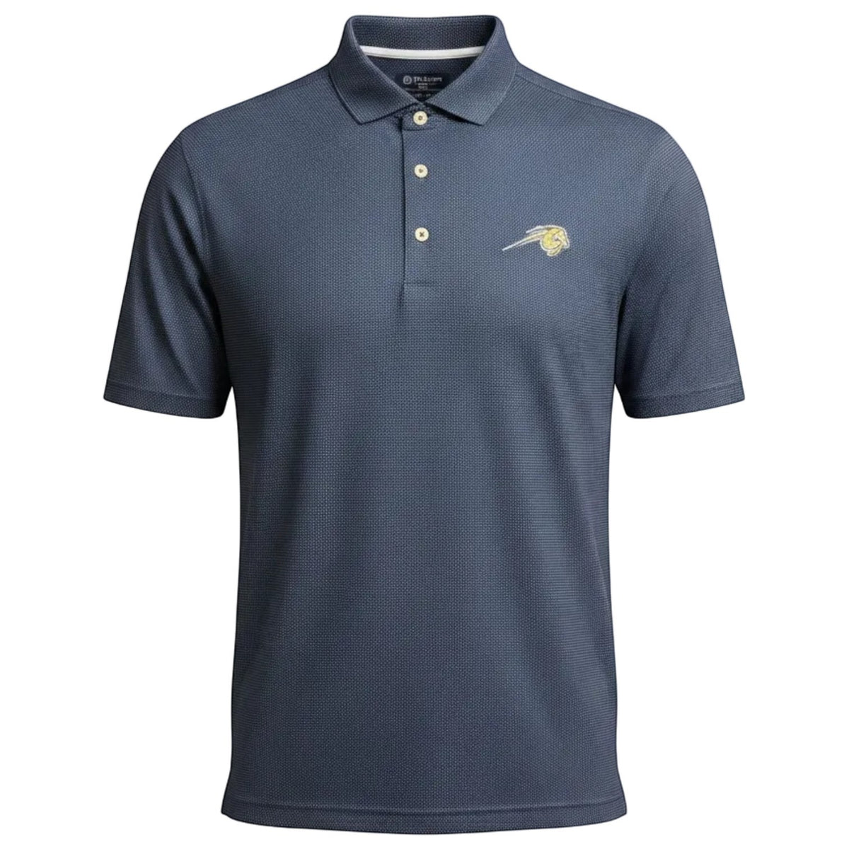 Charger Corner Turtleson Alex navy and white dot performance polo shirt with horse logo and standwell collar