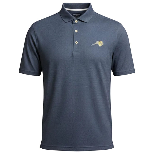 Charger Corner Turtleson Alex navy and white dot performance polo shirt with horse logo and standwell collar
