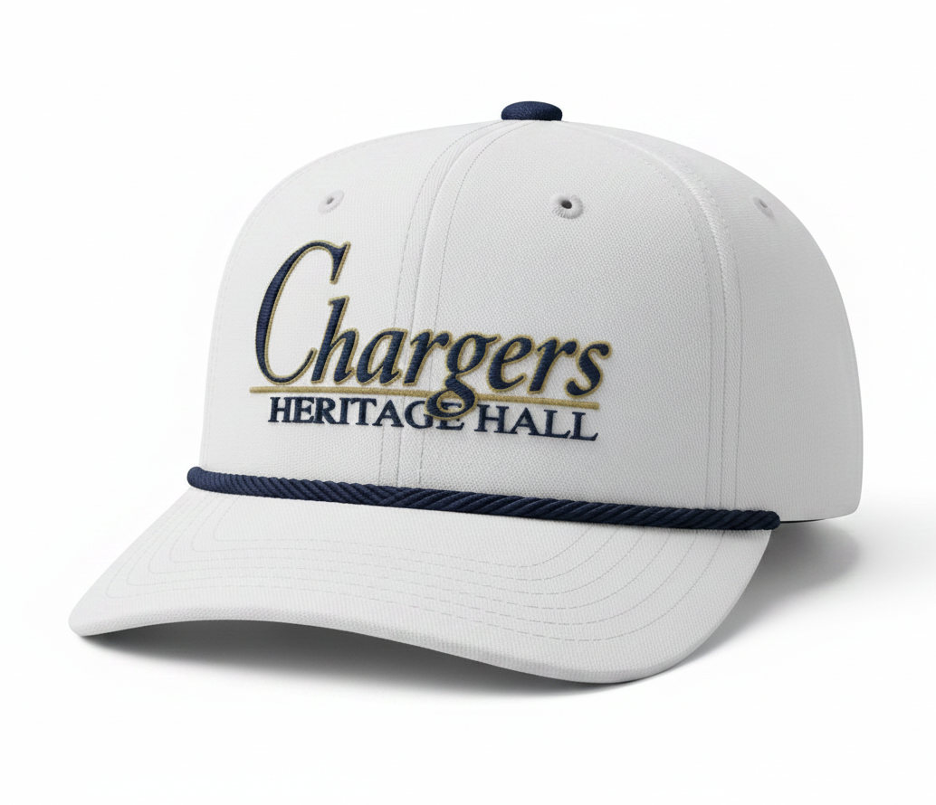 Charger Corner white baseball hat featuring embroidered Chargers Heritage Hall text with a navy blue rope detail.