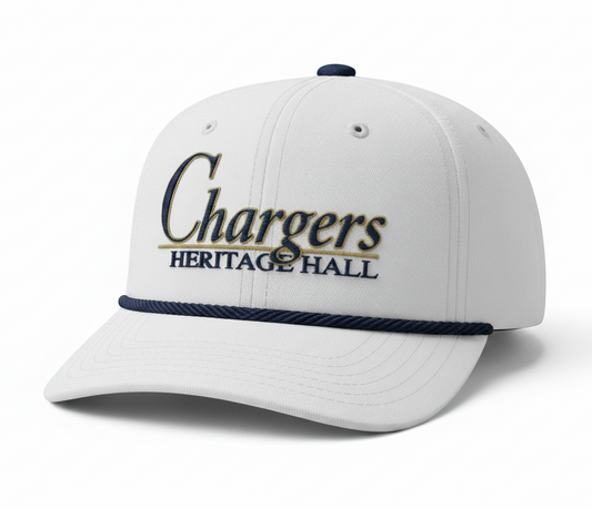 Charger Corner white baseball hat featuring embroidered Chargers Heritage Hall text with a navy blue rope detail.