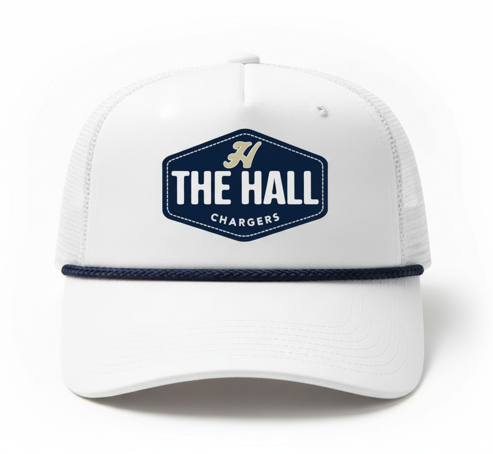Charger Corner white trucker hat with navy blue hexagon patch featuring THE HALL and Chargers script logo