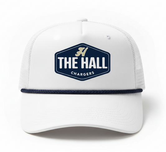 Charger Corner white trucker hat with navy blue hexagon patch featuring THE HALL and Chargers script logo