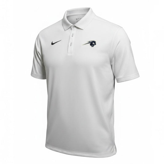 Charger Corner white Nike Dri-FIT Tour polo shirt with a black horse logo and Nike swoosh on the chest