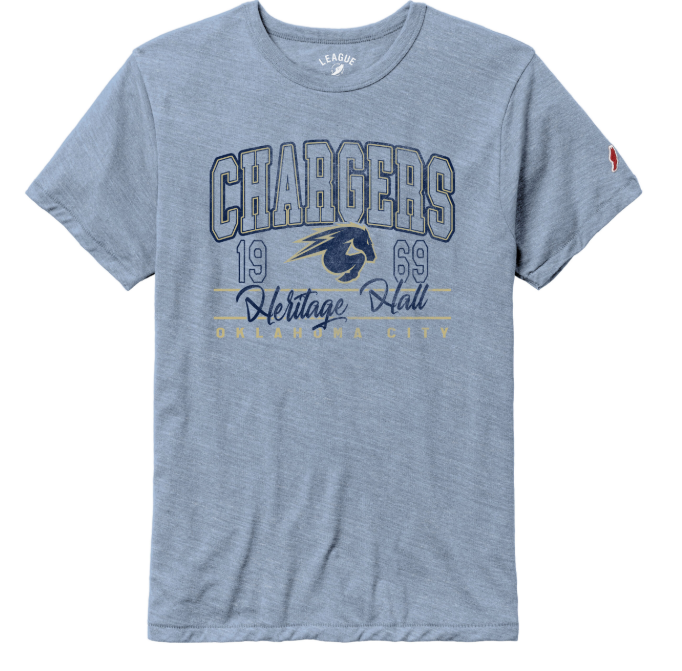 Adult T-Shirt, League, blue riviera, Chargers 1969 horse logo HHall OklaCity