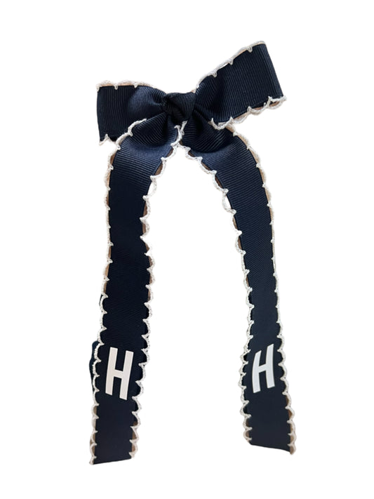 Wee Ones MEDIUM Moonstitch Bow w/ Tails, Navy w/ White Stitch